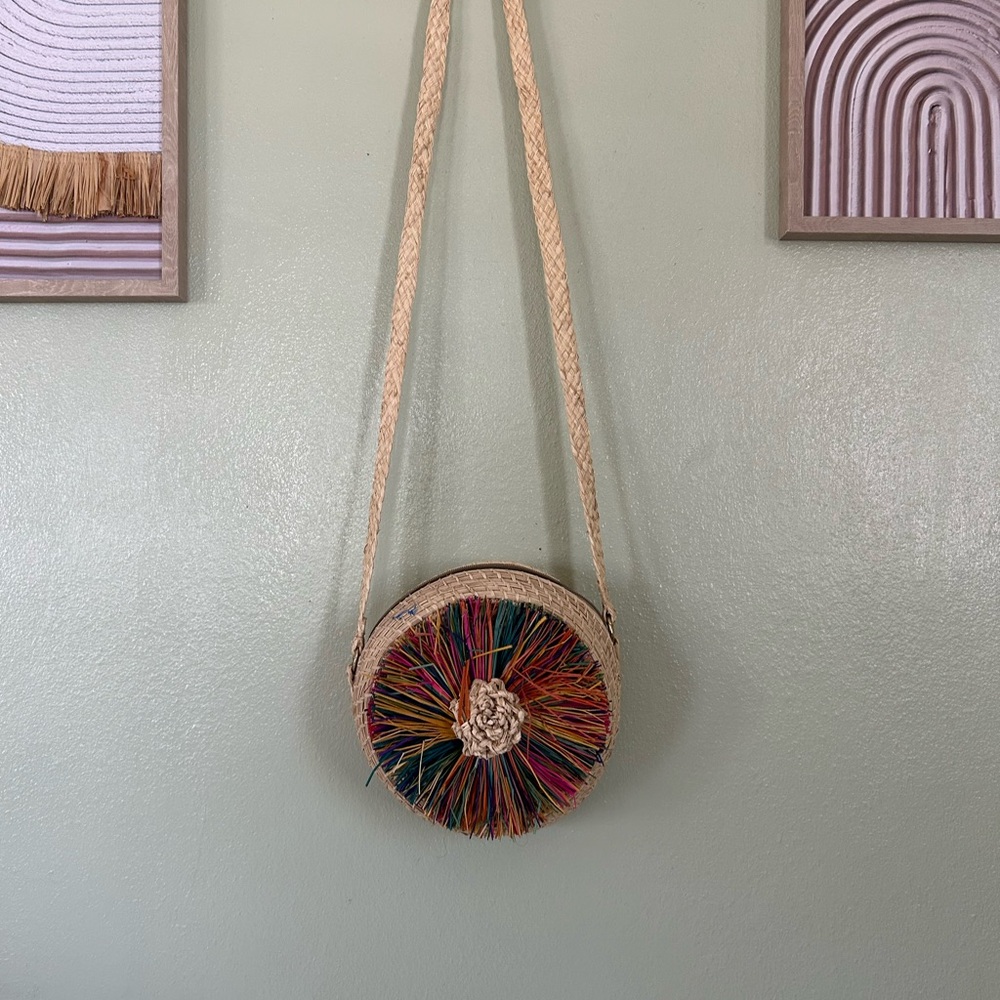Round Straw Crossbody Bag with Multicolor Fringe Accent